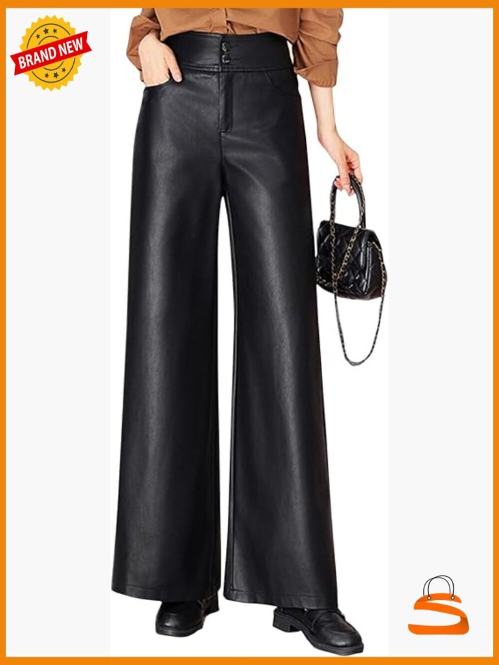Faux Leather High Waist Wide Leg Palazzo Trousers Pants with Pockets